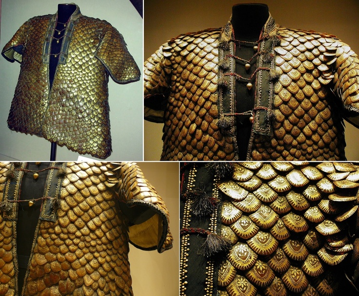 This Indian coat of armor from the early 19th century is comprised of gilded and elaborately decorated pangolin scales. It was presented to King George III in 1820 by the East India Company's Governor General of Bengal.